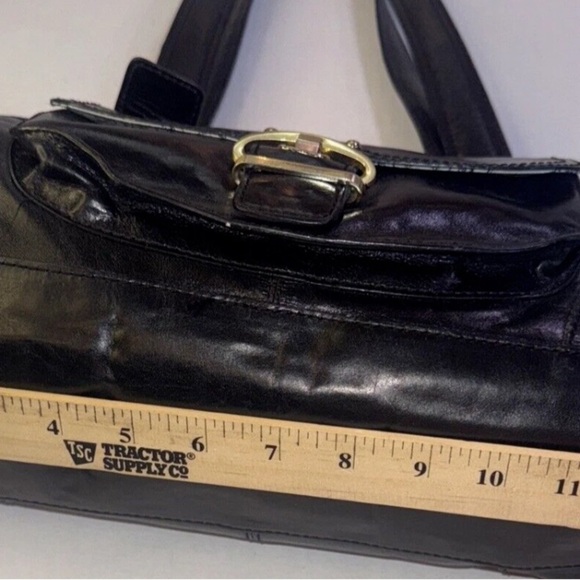 Kate Landry Luxury Classic Designer Multi Pocketed Buckle Black Leather Handbag - Picture 15 of 15